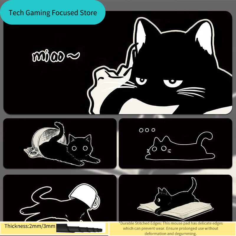 Tech Accessories For Office Desk - Black Cat Illustration Mouse Pad Small